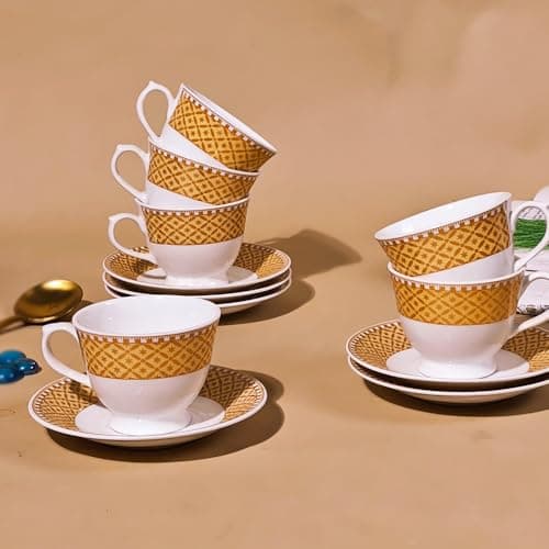 U.P.C. Toughened Glass Cup with Saucer Set of 12 Pcs (Cup white-33)