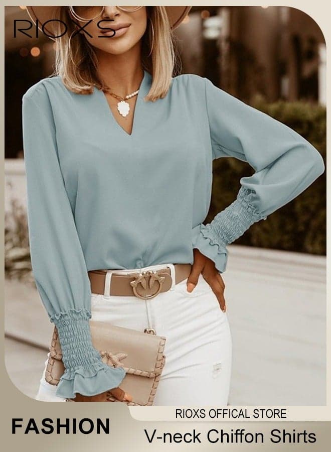 Women's Solid Color Dressy Chiffon Shirts Notch V-neck Puff Long Sleeve Blouse Loose Fit Casual Tops Office Formal Work Shirts
