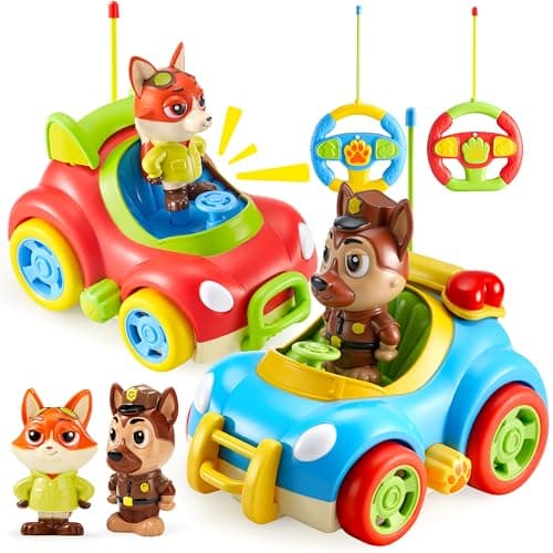 lalalark JOVA 2 Pack Remote Control Car for Toddlers RC Cars with Cartoon Figure Kids Toy Bumper Cars with LED Lights and Sounds Light Up Car with Music Christmas Birthday Gift for Boys Girls