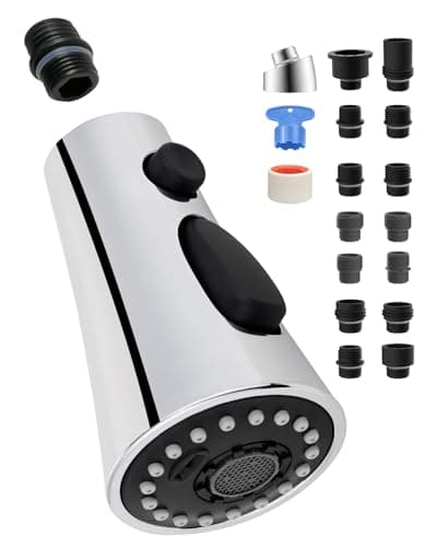Universal Kitchen Faucet Head Replacement with 15 Adapter Kit Compatible with Kohler/Moen/Delta Faucet, 3 Function Pull Down Sink Faucet Spray Head, Chrome