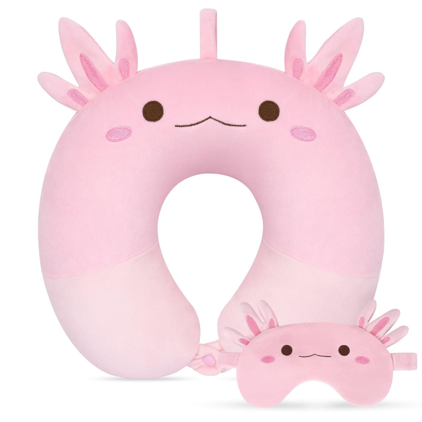 JEROKUMI Kids Travel Pillow Kid Neck Pillows with Eye Mask Cute Axolotl U Shaped Neck Pillow Neck Support Travel Pillow for Road Trip Airplane Travel Pillow for Kids Adults
