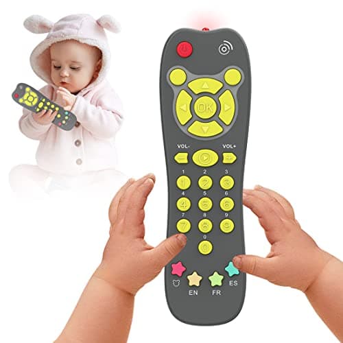 Baby Remote Toy Toddlers TV Remote Control Toy Kids Realistic Play Remote Early Educational Baby Musical Toys with Light and Sound English French Spanish for Proshool Boys Girls 6 Month Gray