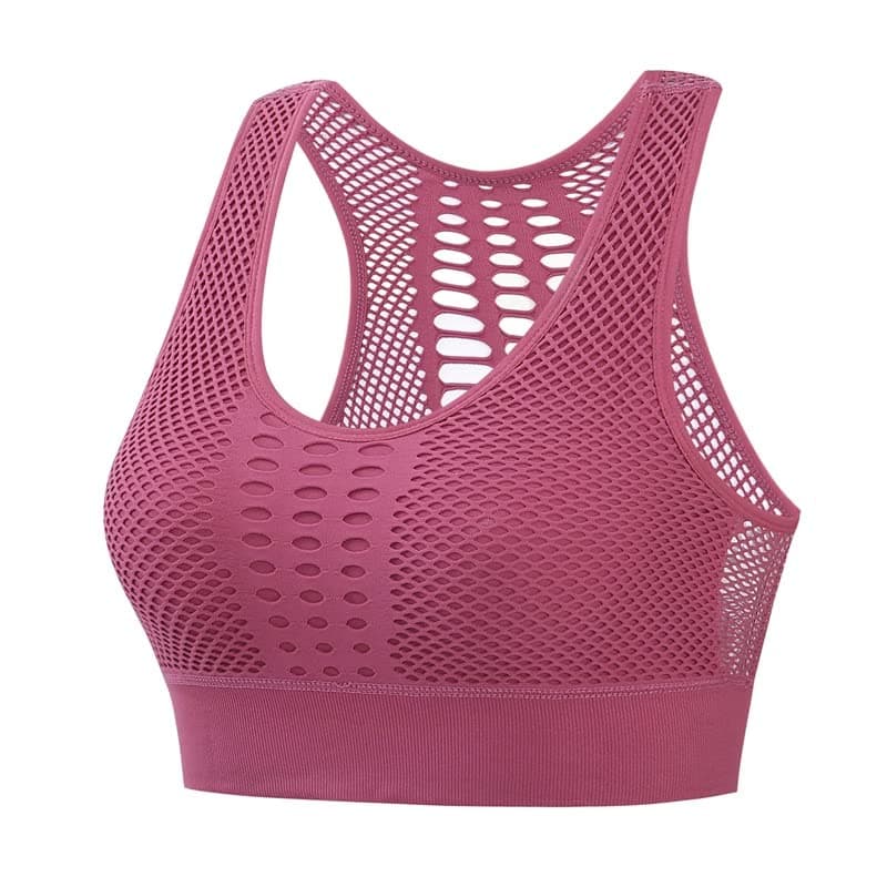 PLUMBURY Women's Padded Crop Top Sports Bra with Mesh Racerback for Gym/Yoga/Workout, Size L, Pink