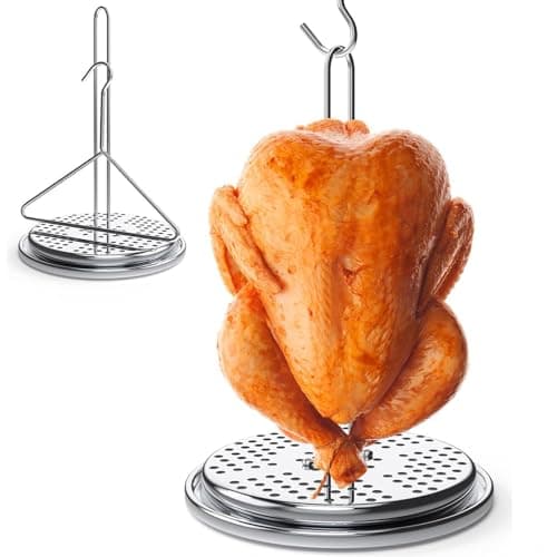 Perforated Turkey Fryer Hook with Base Rack Stainless Steel Chicken Poultry Vertical Roasting Spit with Handle Lifter for Outdoor Turkey Deep Fryer Pot Propane Stove Turkey Fryer Accessory Kit