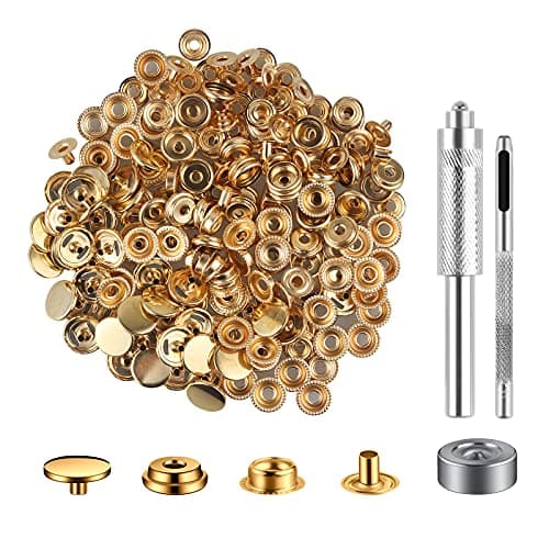 200 Pieces (50 Sets) Leather Snap and Fastener Kit Tool 5/8 Inches (15mm) for Bag, Jeans, Clothes, Fabric - Stainless Snaps Button With 15mm Fasteners (Gold)