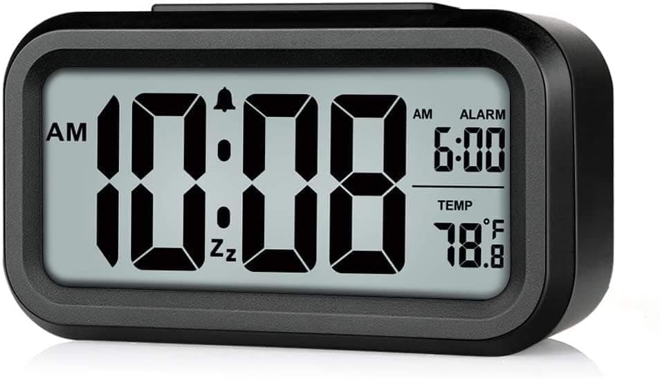 MOMITTLE® Digital Alarm Clock with Automatic Sensor, Date and Temperature Display, Table Clock for Students, Home, Office, Corporate Use (Black Digital)