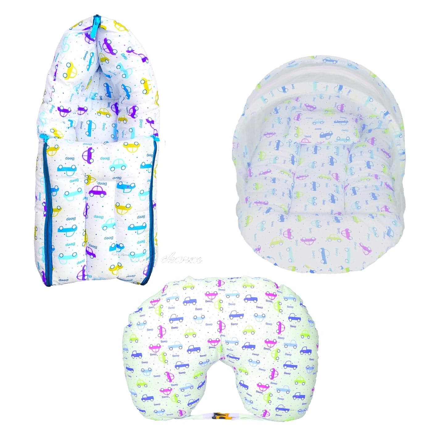 Kids Charm Car 3 PCS Combo Set 3 in 1 Babys Cotton Bed Cum Carry Bed5 in 1 Babys Cotton Breast Feeding Pillow with Safety Belt2 in 1 Babys Cotton with Mosquito Net for 48 Months Blue