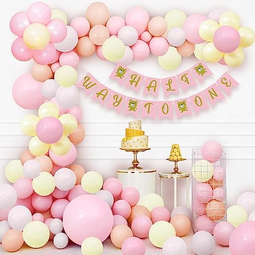Party Propz Half Birthday Decorations for Baby Girl - 87Pcs Combo | 1/2 Birthday Decorations for Girls | Half Birthday Decoration with Half Way To One Banner(Cardstock), Balloons, Clip, Tape, Glue Dot