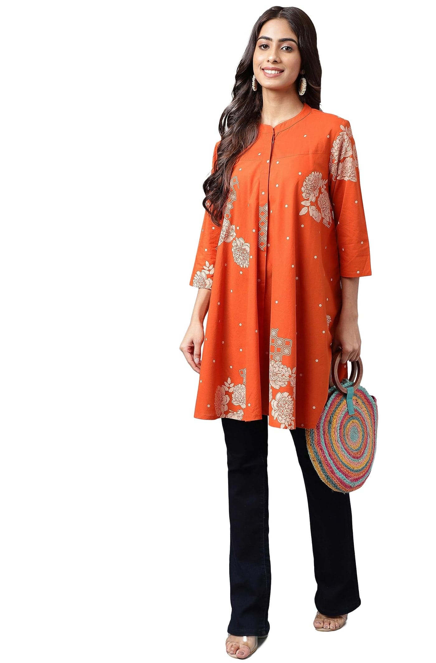 Janasya Women's Orange Cotton Floral Printed Flared Tunic(JNE4206-TU-M)
