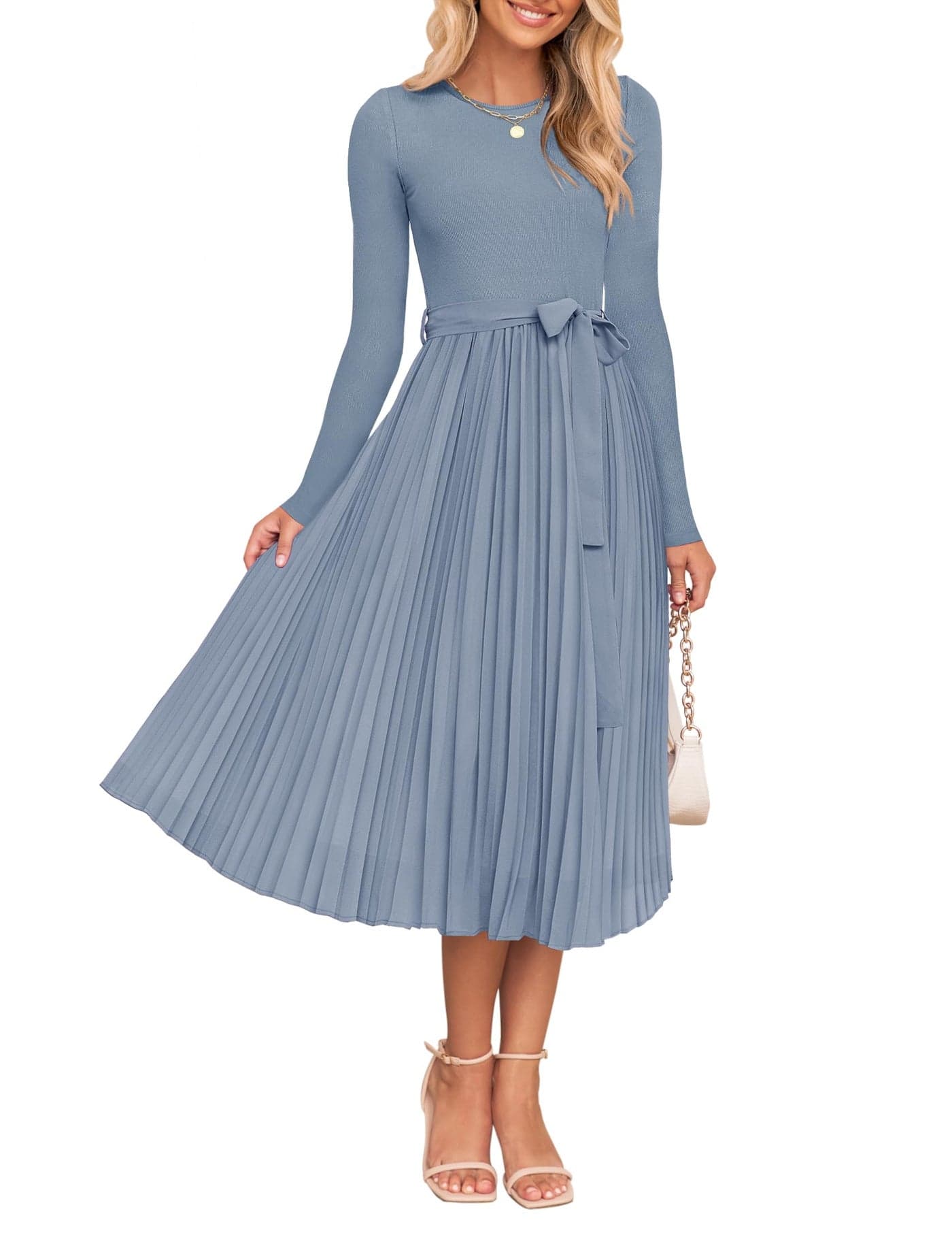 ZESICA Womens Fall Long Sleeve Midi Dress 2025 Casual Crewneck Knit Belted Pleated A Line Flowy Party Dresses Dusty Blue Medium