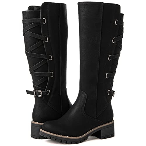 GLOBALWIN Womens Strappy Motorcycle Knee High Boots Black Wide Calf Riding Boots Fall Winter Fashion Knee High Boots For Women 8M