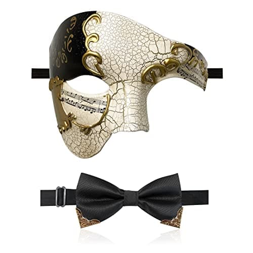 IncreDecor Masquerade Mask for Men Phantom of The Opera Half Face Mask with Bowtie, Venetian Masks for Halloween Party (Black)
