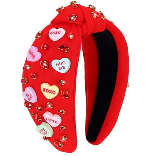 KINYFY Valentines Day Headband Love Heart XOXO Headband for Women Valentine Rhinestone Crystal Knotted Wide Hairband for Birthday Engagement Anniversary Hair Accessories Red