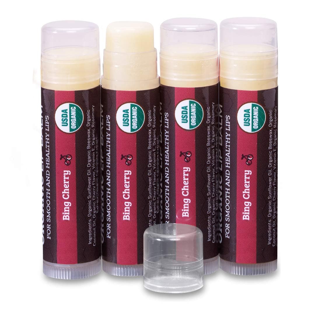 Earth's Daughter USDA Organic Lip Balm 4-Pack - Cherry Flavor - Beeswax, Coconut Oil, Vitamin E - Best Lip Repair Chapstick for Dry Cracked Lips.