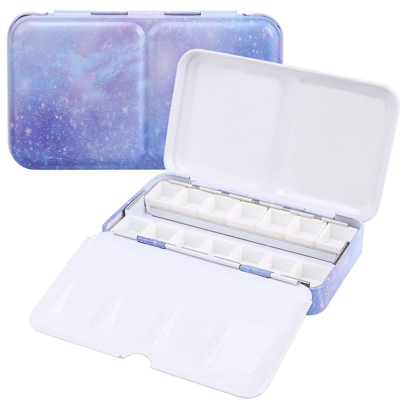 LOONENG Empty Watercolor Palette Empty Watercolor Tin with Fold Out Palette Small Purple Watercolor Tray Palette with 14 Empty Half Pans for Plein Air Painting and Sketching