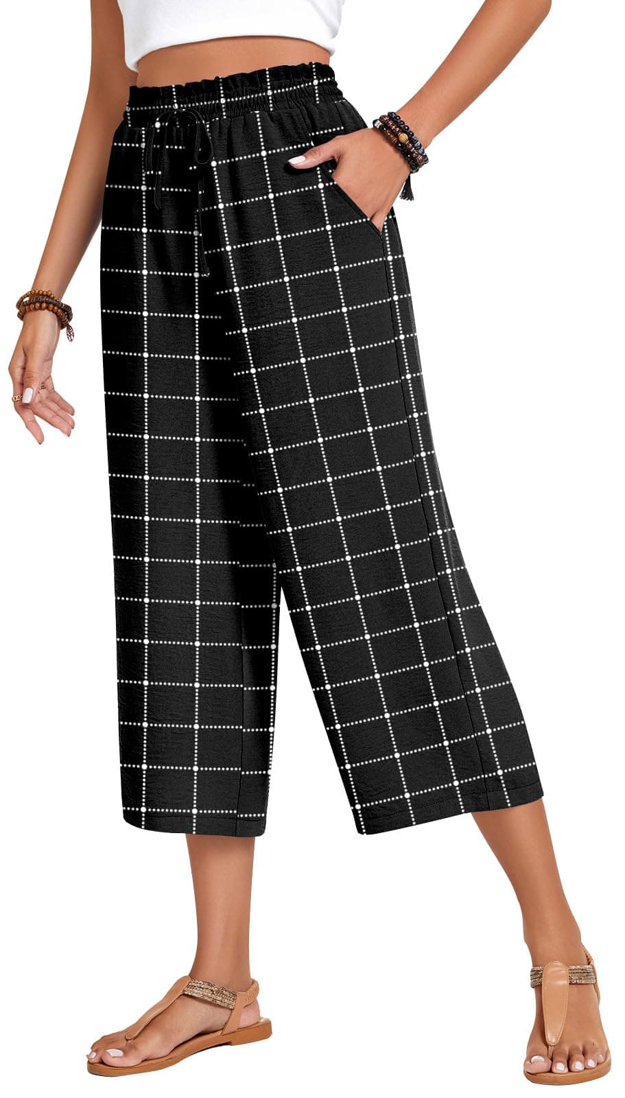 Anyhold Womens Plus Size Capri Pants Loose High Waisted Wide Leg Lounge Pants Drawstring Casual Palazzo Trousers with Pockets 2X-Large, Dotted Grid
