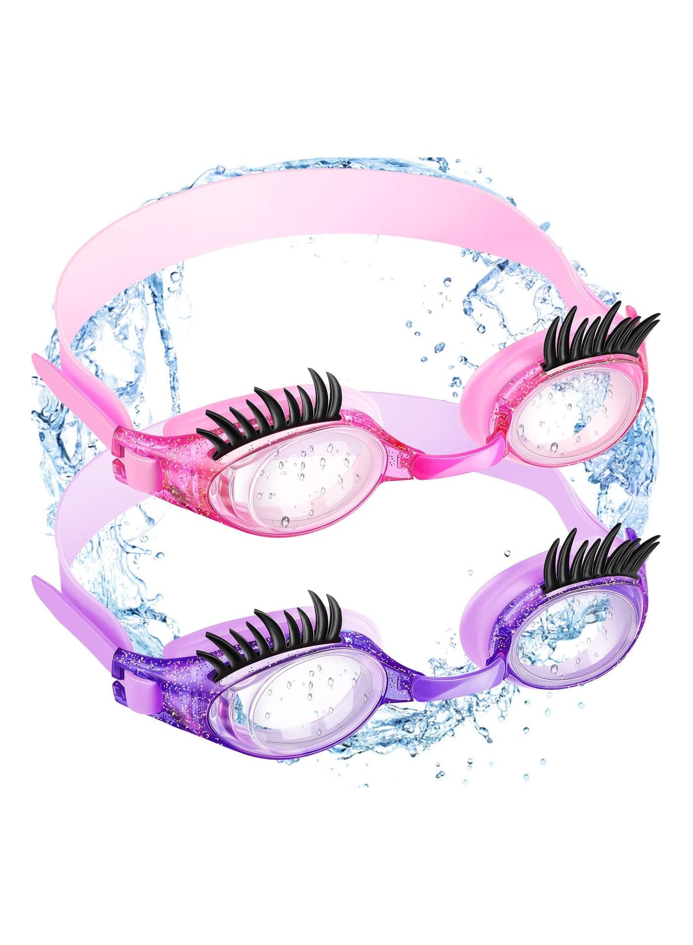 Swim Goggles, 2 Pieces Kids Goggles Eyelashes Goggle No Slip Leak Girl Anti Fog UV for Lash Extensions, Leakproof, Hair Pulling