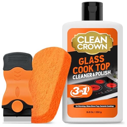 CleanCrown 3-in-1 Cooktop Cleaner Kit (8.8 Oz Cooktop Cleaner + Scrubbing Pad + Scraper), Stovetop Cleaner for Electric Top Stoves, Ceramic Cooktops & Fireplace Glass, Remove Burned on Food, Grease