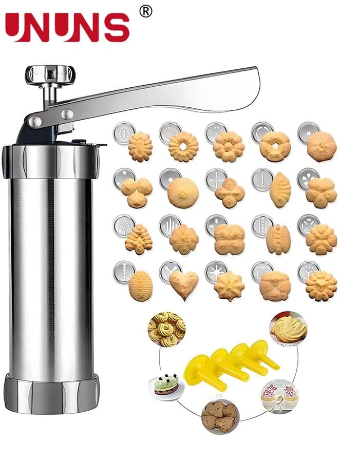 Biscuit Maker,Cookie Press Gun Kit,Stainless Steel Biscuit Press Maker (With 20 Disc And 4 Nozzles),Baking Tool Biscuit Cake Dessert DIY Maker And Decoration