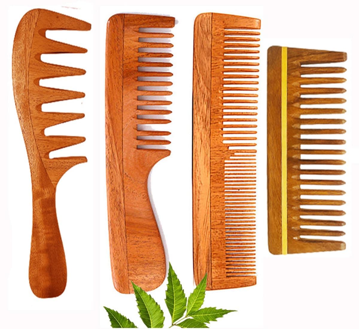 Rufiys Wooden Comb For Women Men Kids Curly Hair Detangler Wide Tooth Neem Wood Anti Dandruff Hair Growth Frizz Control Combo Pack of 4