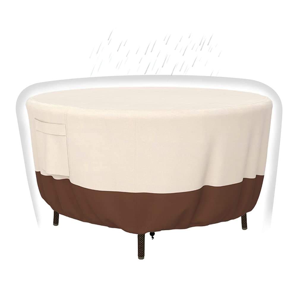 Patio Furniture Covers Heavy Duty Round Table Cover 110D x 28H Inch Outdoor Dining Coffee Table Cover for Veranda Lawn Waterproof Weather Resistant Anti UV Beige Brown