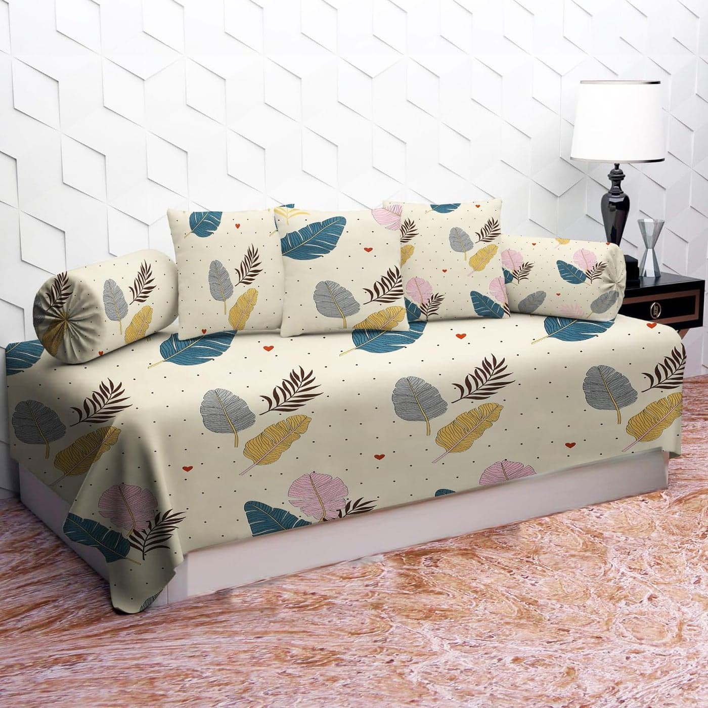 IVAZA 200TC Diwan Set Ezyption Cotton 6 Pcs Deewan Printed Bedsheet Sets for Living Room Hall 1Bed Sheet 60x90 Inch 2Bolster Cover 16x32 Inch 3Cushion Cover 16x16 Inch Fawn