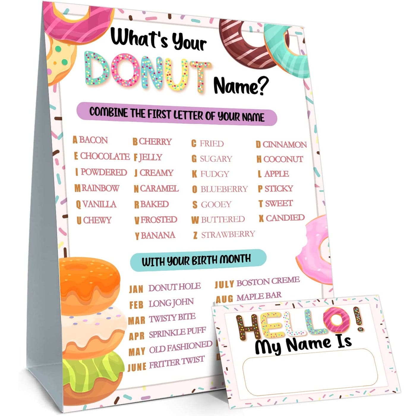 What is Your Donut Name Game Donut Birthday Party Sign for Girls Wedding Anniversary Holiday Activity Kids Donut Activity Cards1 Donut Theme Sign and 30 Name Tag Stickers