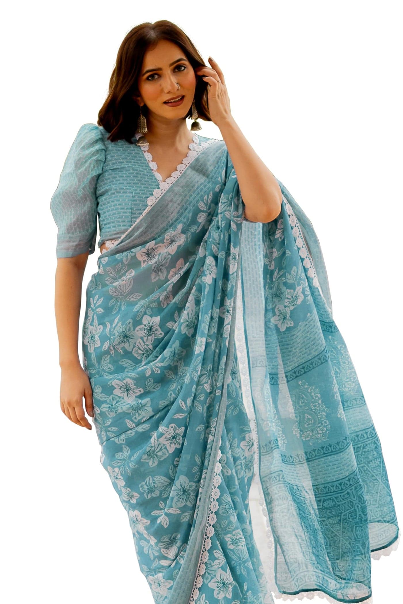 MIRCHI FASHION Linen Cotton Sarees for Women Floral Printed Saree with Blouse Piece (43064 - Dusty Turquoise, White)