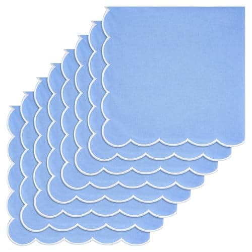 Mindsoft Wedding Cloth Napkins Scalloped Embroidered Dinner Napkins 100% Cotton Reusable Washable 18 x 18 Inch Decorative Table Napkin for Wedding Dinner Restaurant Party Decoration(Blue,8 Pcs)
