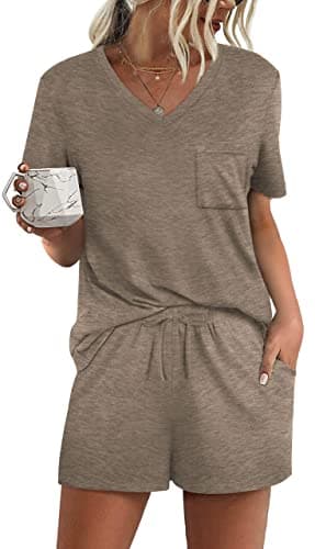 RUBZOOF Pajamas for Women Shorts Set V Neck Casual Summer Short Sleeve Lounge Sets Grey L