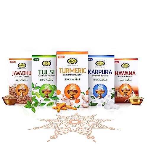 Cycle Pure Sambrani Powder Original for Pooja, 100 GM (Pack of 5) | Variants: Turmeric, Tulsi, Javadhu, Hawana, Karpura Sambrani Powder | Ideal for Daily Puja, Festive Occasions & Special Ceremonies