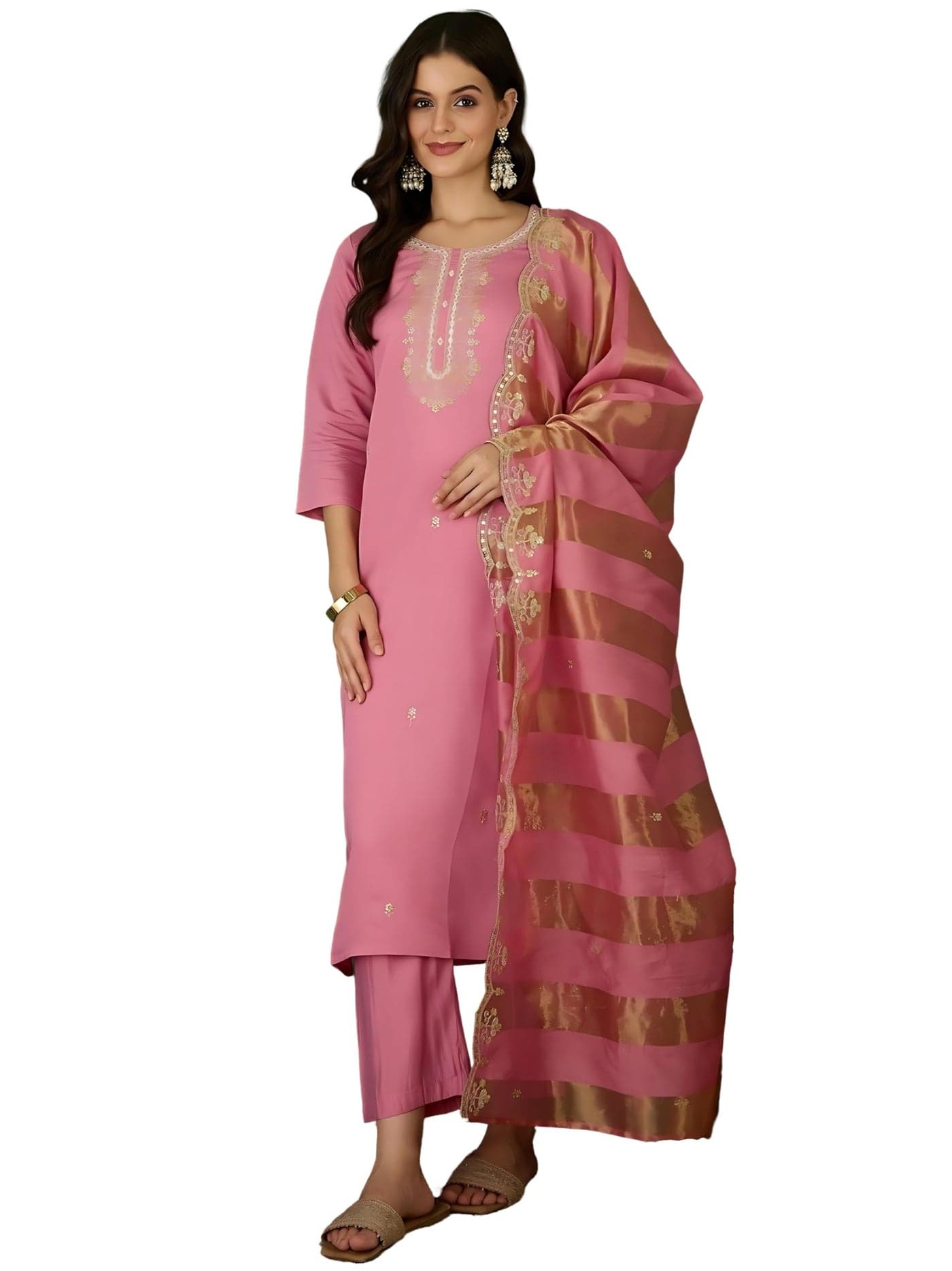 Naixa Women's Cotton Blend Embroidered Straight Kurta Pant Dupatta Set – Ethnic Wear, 3-Piece Set for Wedding and Festival (NX2-768-Pink-3XL)