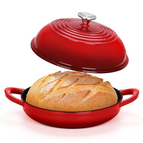 TeamFar Cast Iron Bread Dutch Oven, 6 Qt Enameled Dutch Oven Pot for Sourdough Bread Baking, with Tall Dome Lid & Round Base Pan, Self-Basting & Even-Heating, Heavy-Duty & Non-stick, Red