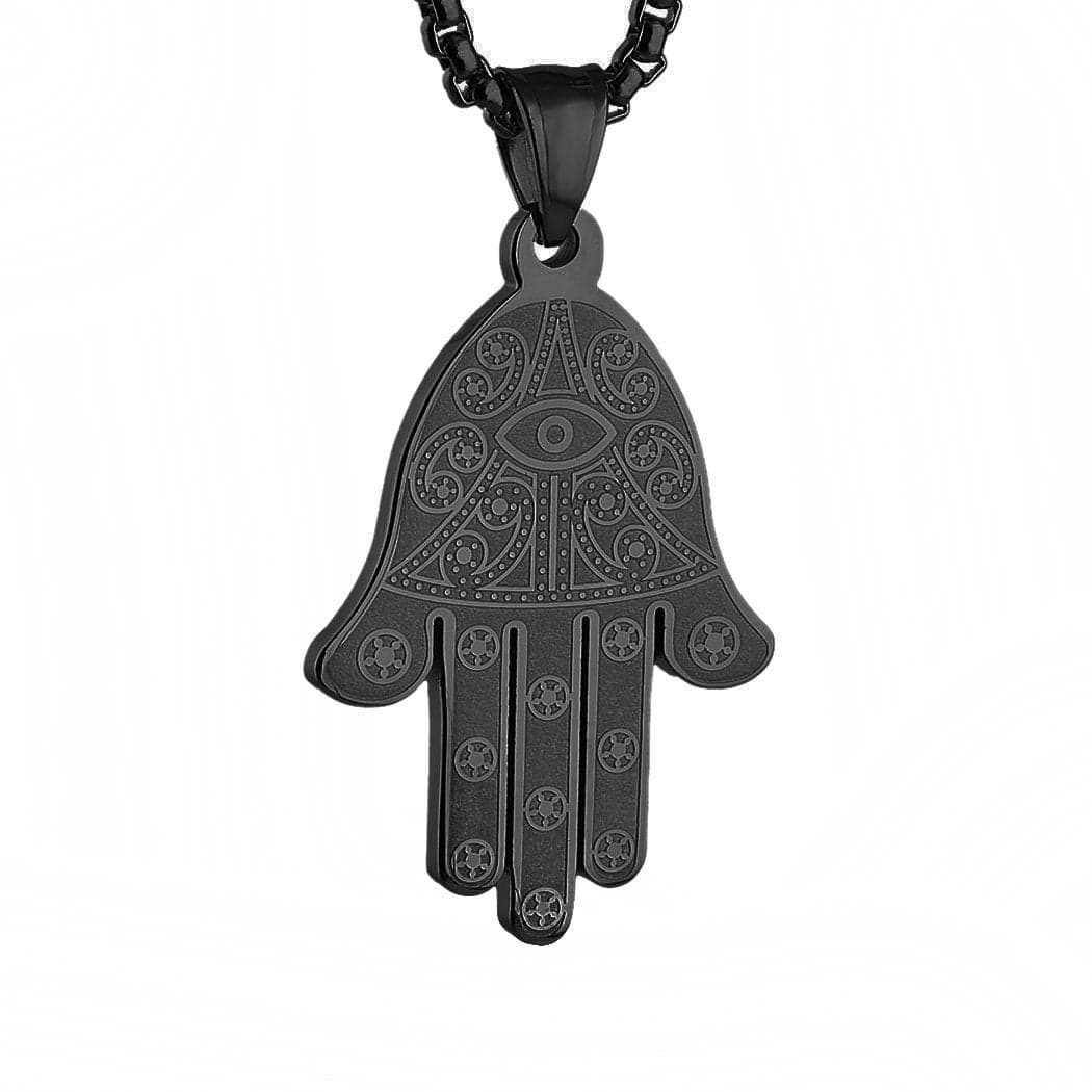 HZMAN Stainless Steel Egyptian Eye Fatima Hamsa Hand Pendant Necklace Success and Protection Lucky (Black)