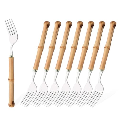 Uniturcky Dinner Fork Set, 8-Piece Natural Bamboo Forks, 18/8 Stainless Steel with Bamboo Handle, Silver Mirror Finish, Unique Design, 8.27 Inch