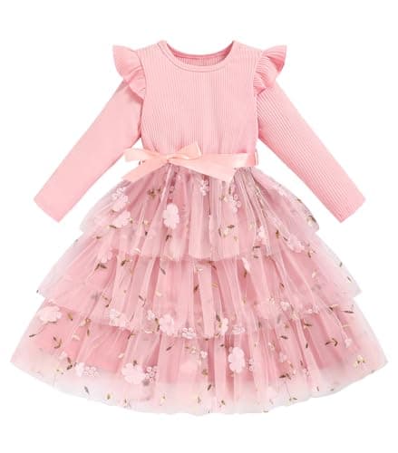 Sinhoon Toddler Dress Girls Ruffle Long Sleeve Layered Tulle Dress Fall Spring Fashion Party Dresses (Pink Flower, 5T)