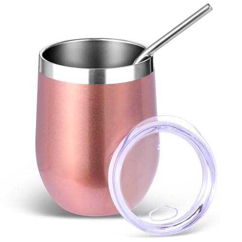 Volhoply 12oz Stainless Steel Wine Tumbler with Lid and Straw,Double Wall Vacuum Insulated Stemless Wine Glasses,Reusable Travel Coffe Mug for Cold Drinks,Tumblers Gifts for Women Men(Rose Gold,1 Set)