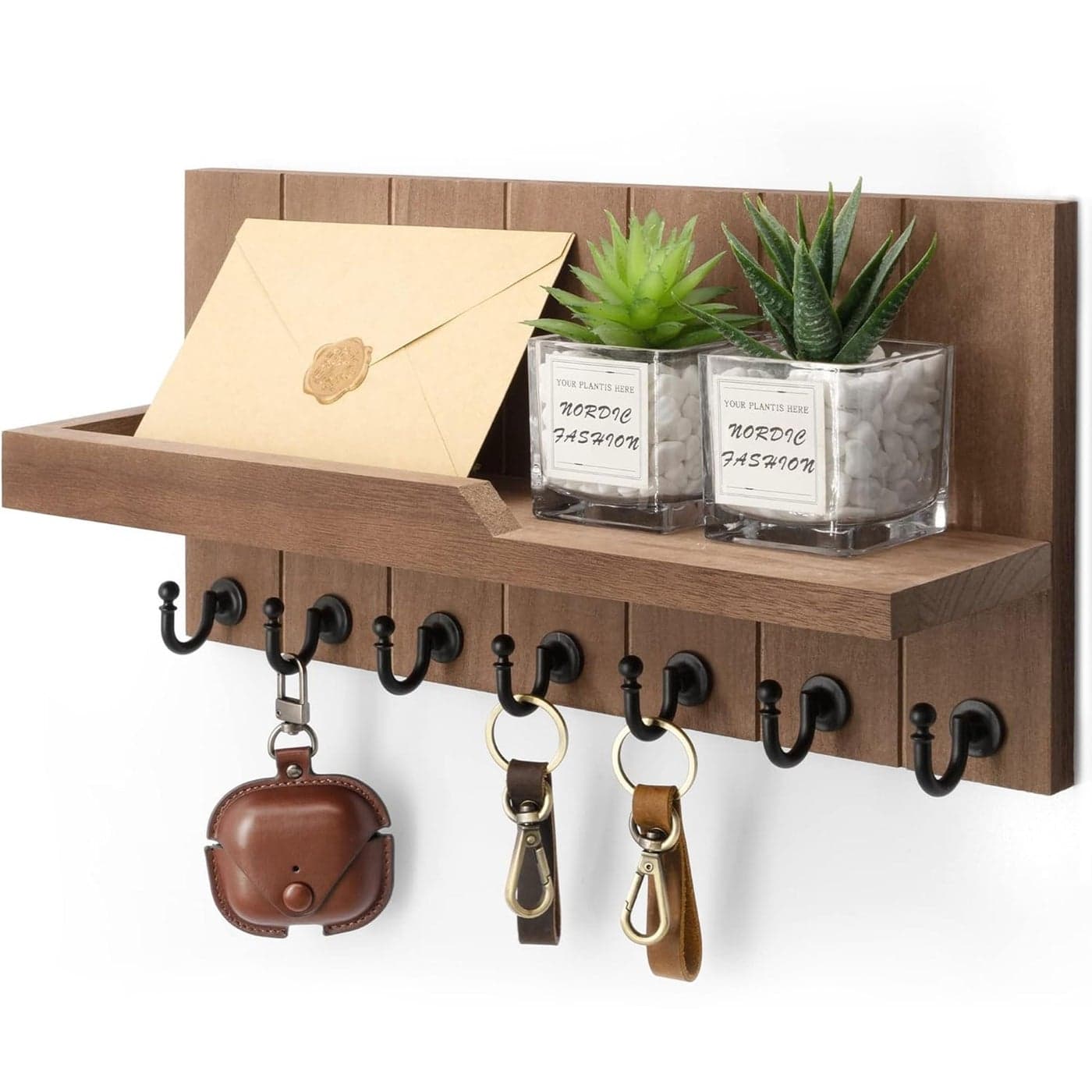 Rebee Vision Key Holder for Wall Farmhouse Rustic Mail Organizer Floating Shelf for Home Kitchen Entryway Decor with 7 Sturdy Key Hooks Retro Brown