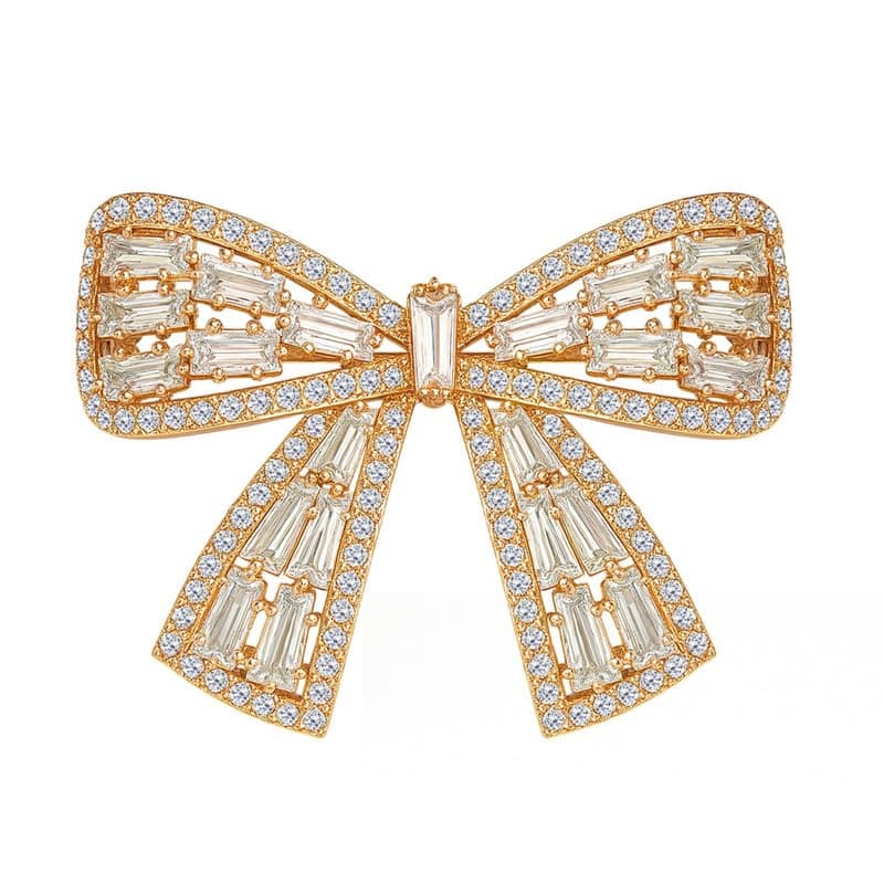 VAMA FASHIONS Elegant 18K Rose Gold Plated Bow Shape Sparkling Crystal AD Stone Ribbon Design Brooch Pin Saree Dress Jewelry for Women & Girls