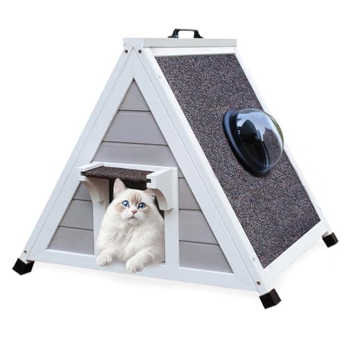 Deblue Weatherproof Cat House for Feral Cats, Outdoor Cat House for Small Cats, Unique Wooden Cat Shelter with Escape Door, Clear Window Fits for Small Pets - Grey
