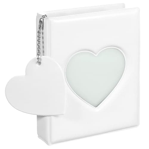 Photocard Book, 3 Inch White Photocard Book Mini Photo Album Heart Hollow Card Binder with 32 Pockets and Pendant
