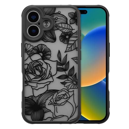 XIZYO for iPhone 16 Case, Floral Rose Cute Phone Case for Women Girls Aesthetic Pattern Print Slim TPU Bumper Shockproof Protective Cover for iPhone 16 6.1 Inch, Black