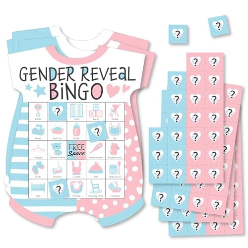 Big Dot of Happiness Gender Reveal Party Bingo Game - Baby Bodysuit-Shaped Picture Bingo Cards with Markers, Interactive Team Boy or Girl Baby Shower Activity