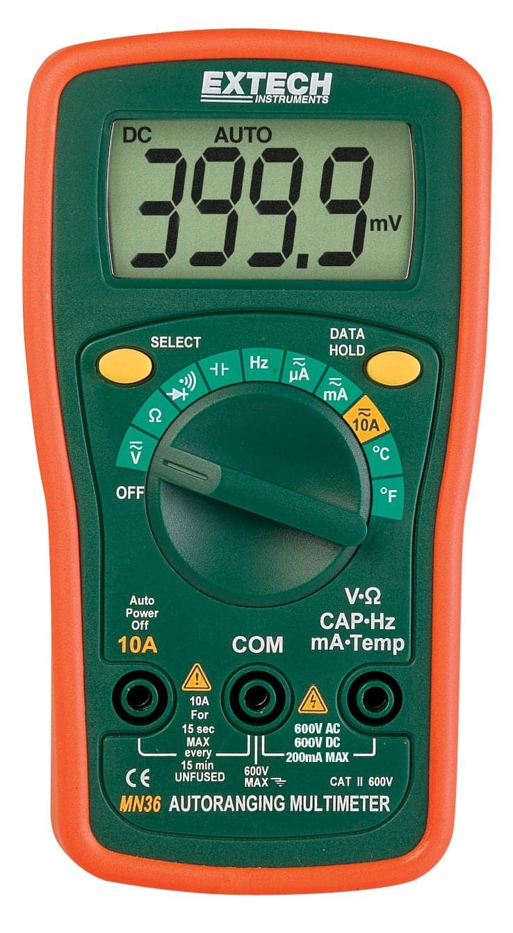 Extech MN35 Digital Mini Multimeter - Autoranging, 8 Functions, AC/DC Voltage & Current, Resistance, Diode, Continuity, Large LCD Display, Compact Handheld Design with Protective Holster