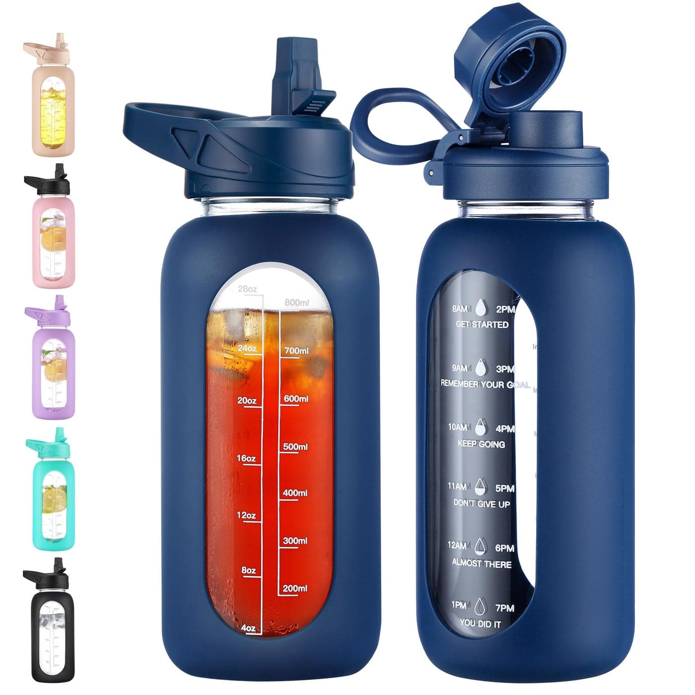 CIVAGO 32 oz Glass Water Bottle with Straw and Handle Large Sports Motivational Water Bottle Flask with Time Marker and 2 Lids Leakproof Water Jug Canteen with Silicone Sleeve for GymNavy