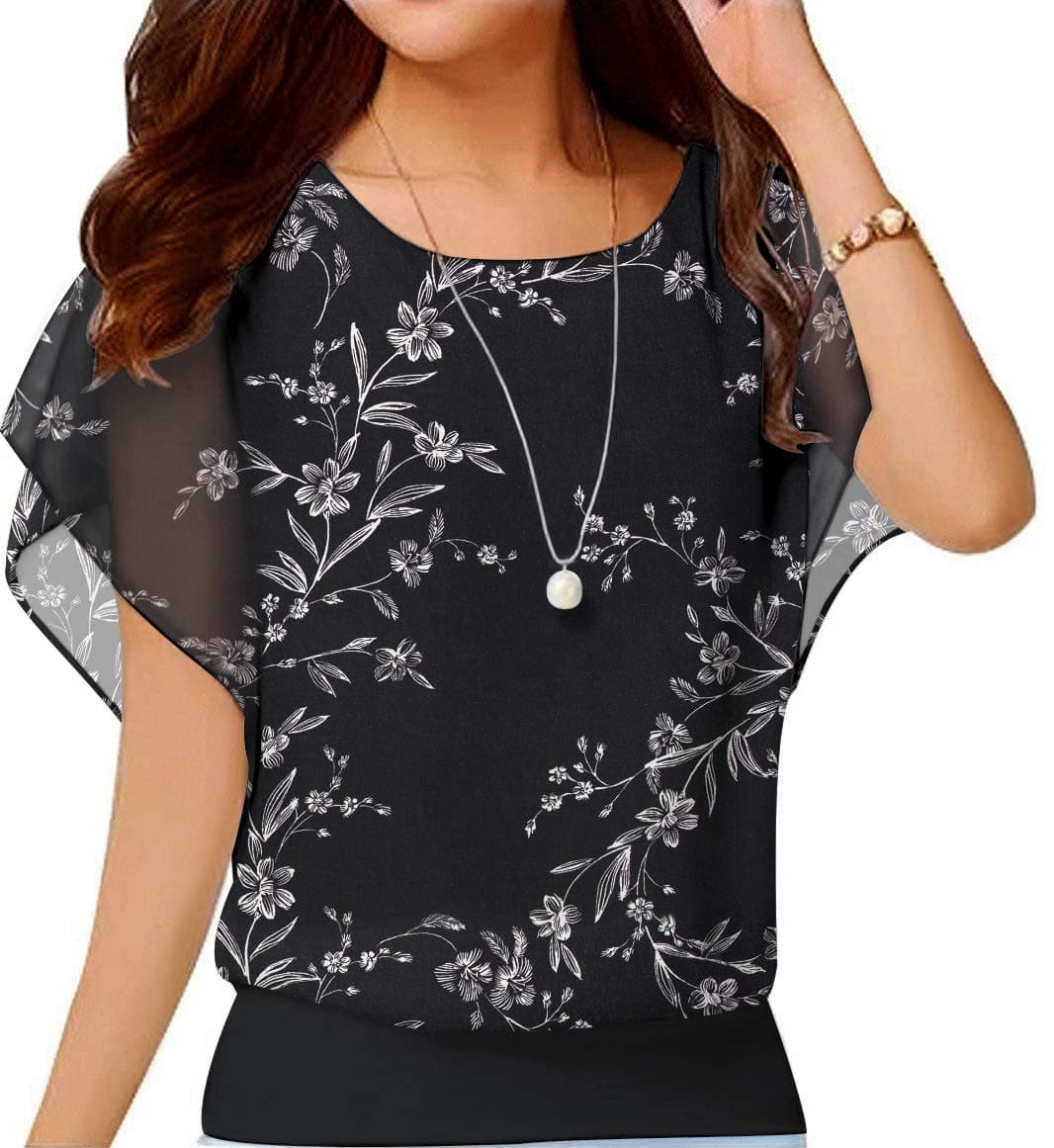 Neineiwu Womens Short Sleeve Chiffon Tops Casual Batwing Sleeve Blouses and Tops (White Leaves-Black,XX-Large)