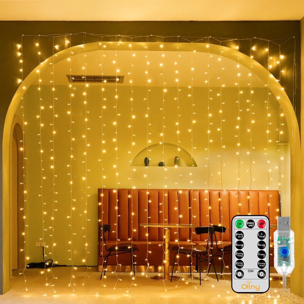 Ollny Christmas Curtain Lights 300 LED 98 FTx98 FT Outdoor Waterproof Curtain String Lights with Remote Timer 8 Modes USB Waterfall Window Lights for Wall Backdrop Home Decorations Warm White