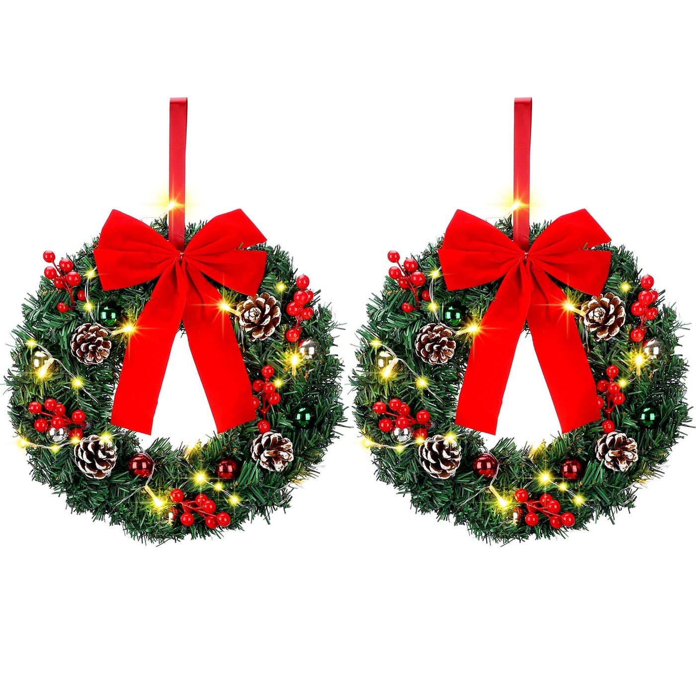 Jetec Christmas Wreaths Lighted Artificial Door Adorned Christmas Wreath with Red Bow Pine Cones Berries Outdoor Prelit Xmas for Front Door Window Holiday DecorPure Red2 Pcs