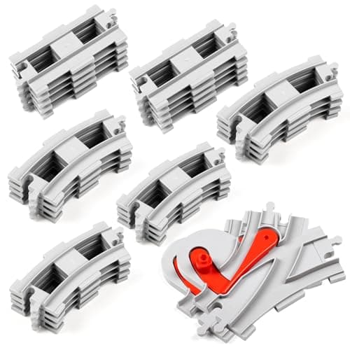 MANNIDOO 32 Pieces Train Tracks Classic Railway Track with 20 Curved Tracks 10 Straight Tracks and 2 Switches Tracks Compatible with All Major Brands Toy Track Accessory for Kid Light Grey