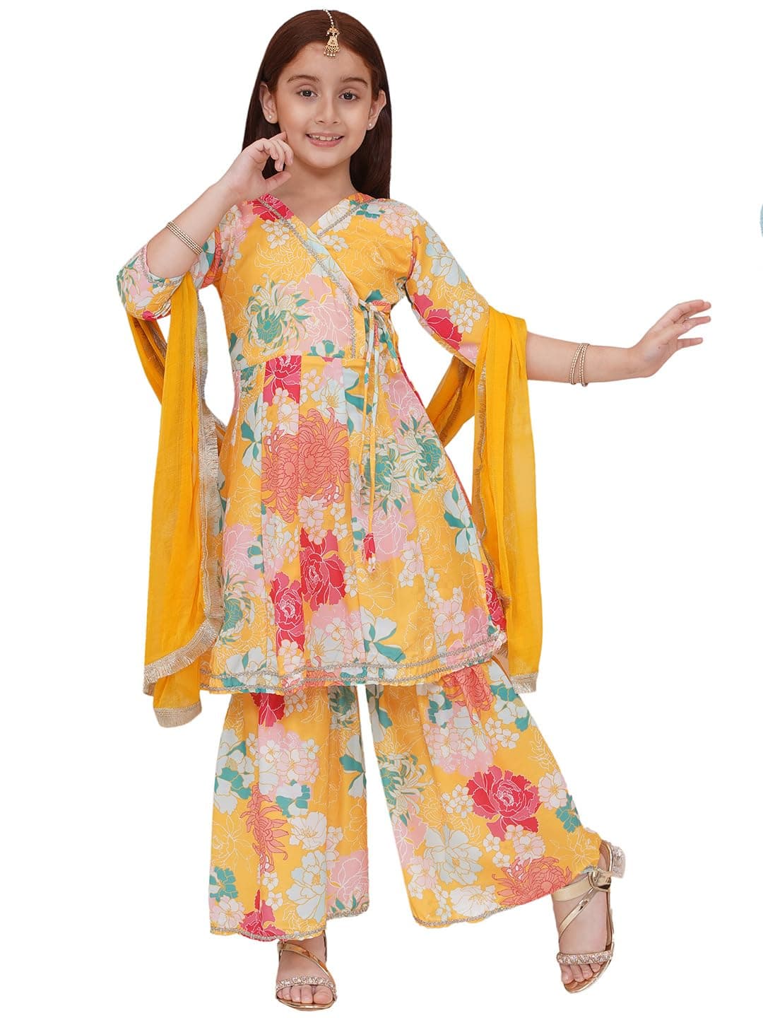Preneum Girls's Cotton Rayon Printed Angrakha Kurta with Sharara & Dupatta, Yellow, 7-8 Years